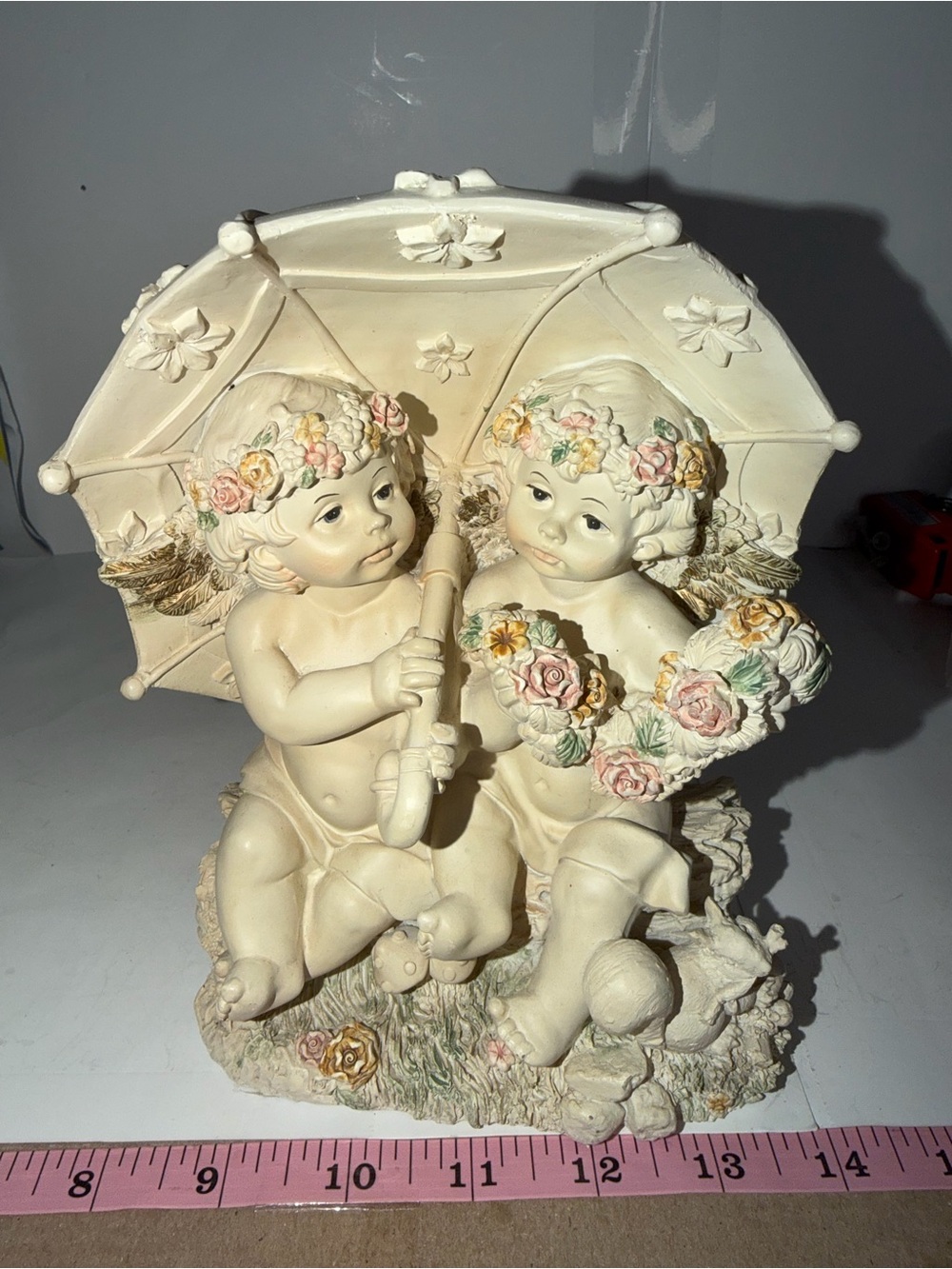 Vintage Cherub Angel Figurines Set of 2 – Parasol Umbrella & Flowers Decor